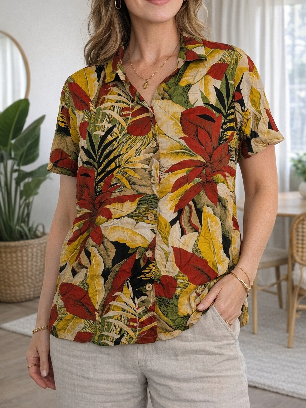 🌺 LAURA Tropical Floral Button-Up Blouse | Size 14 | Rayon